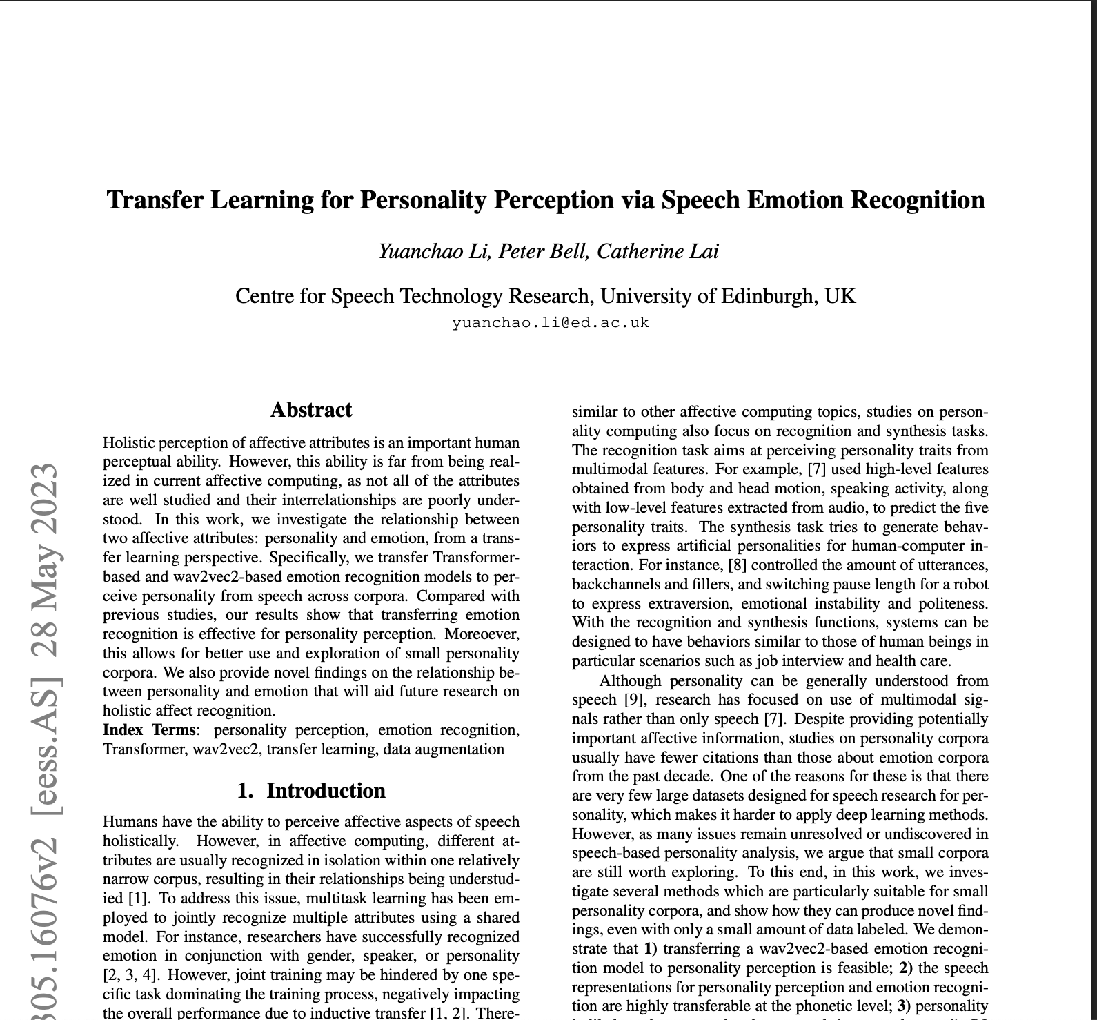 Transfer Learning for Personality Perception